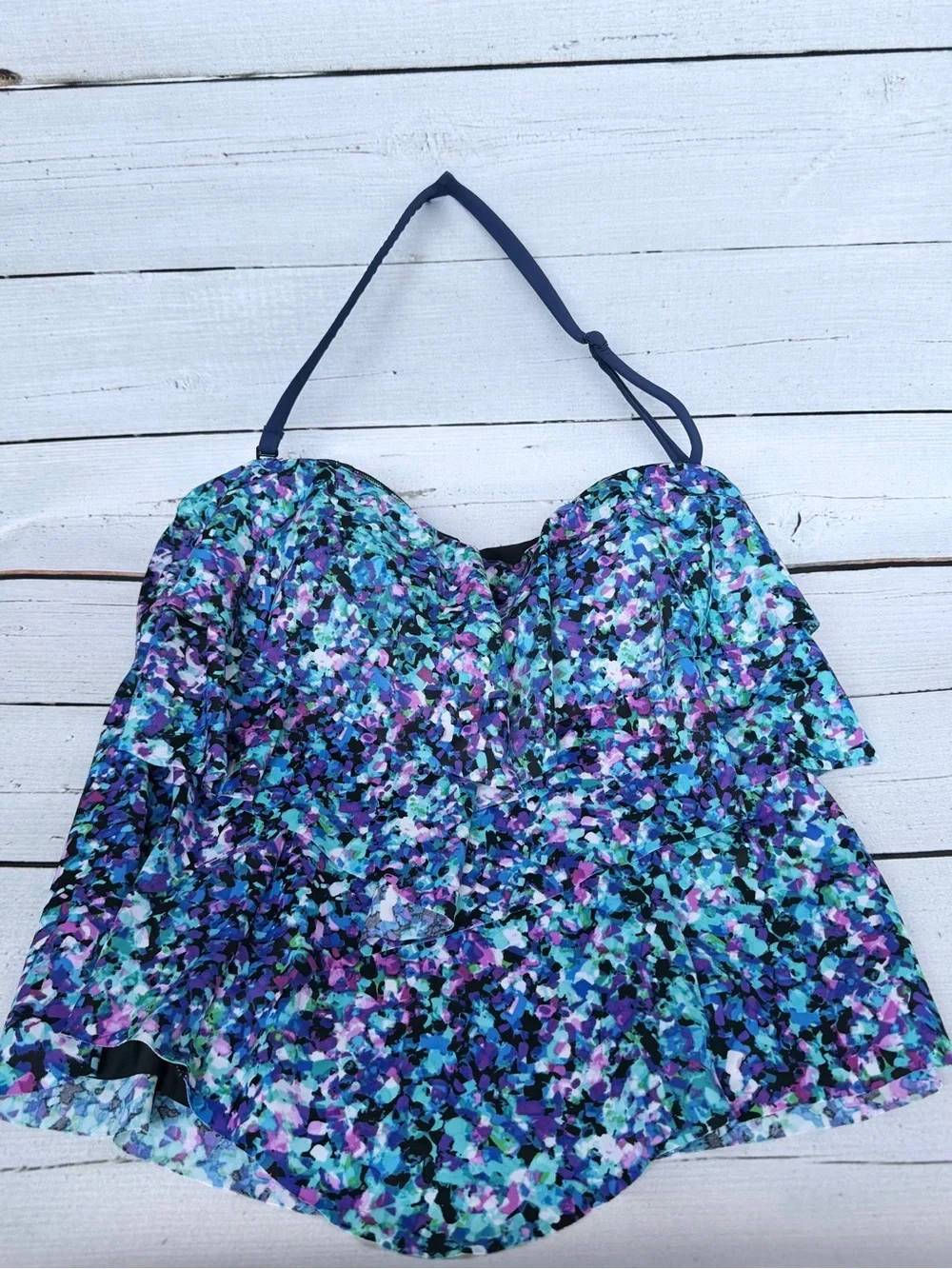 Vibrant Blue & Purple Abstract Floral Ruffle Tankini Top - Size 10